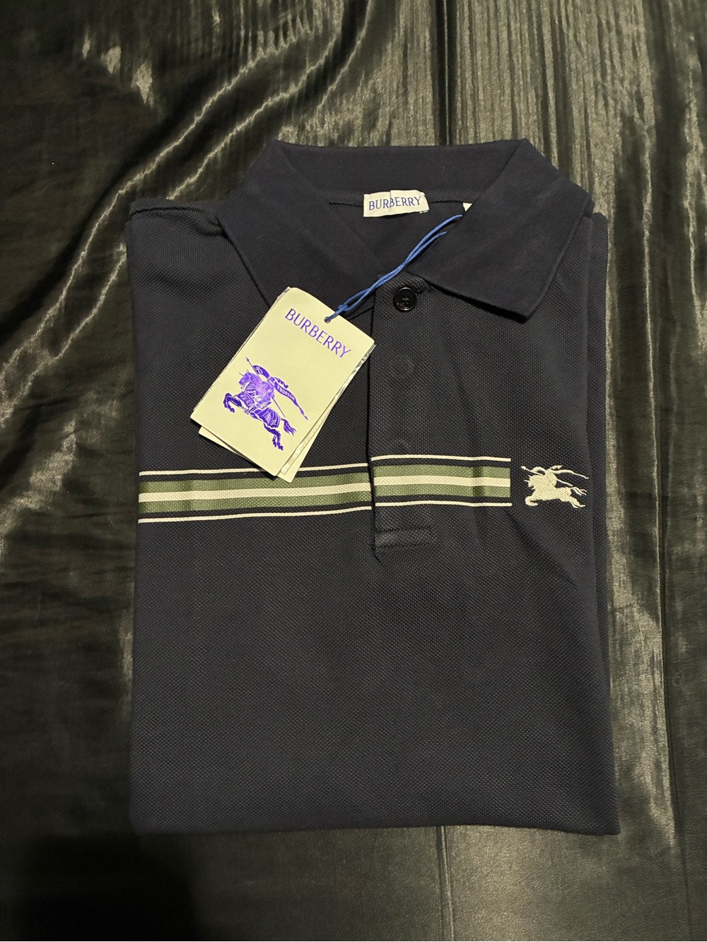 Burberry Navy Polo with Cream and Olive Stripes